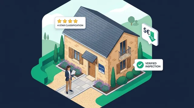 Illustration d'une maison de vacances classée meublé de tourisme 4 étoiles avec grille de contrôle et avantages fiscaux