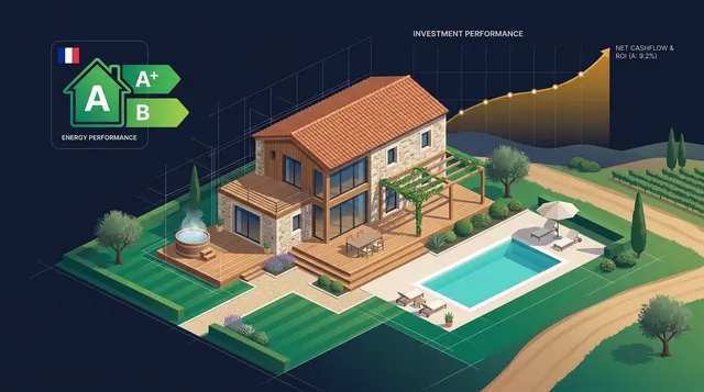 Illustration éditoriale d'une analyse d'acquisition de maison en location courte durée avec indicateurs DPE et rentabilité